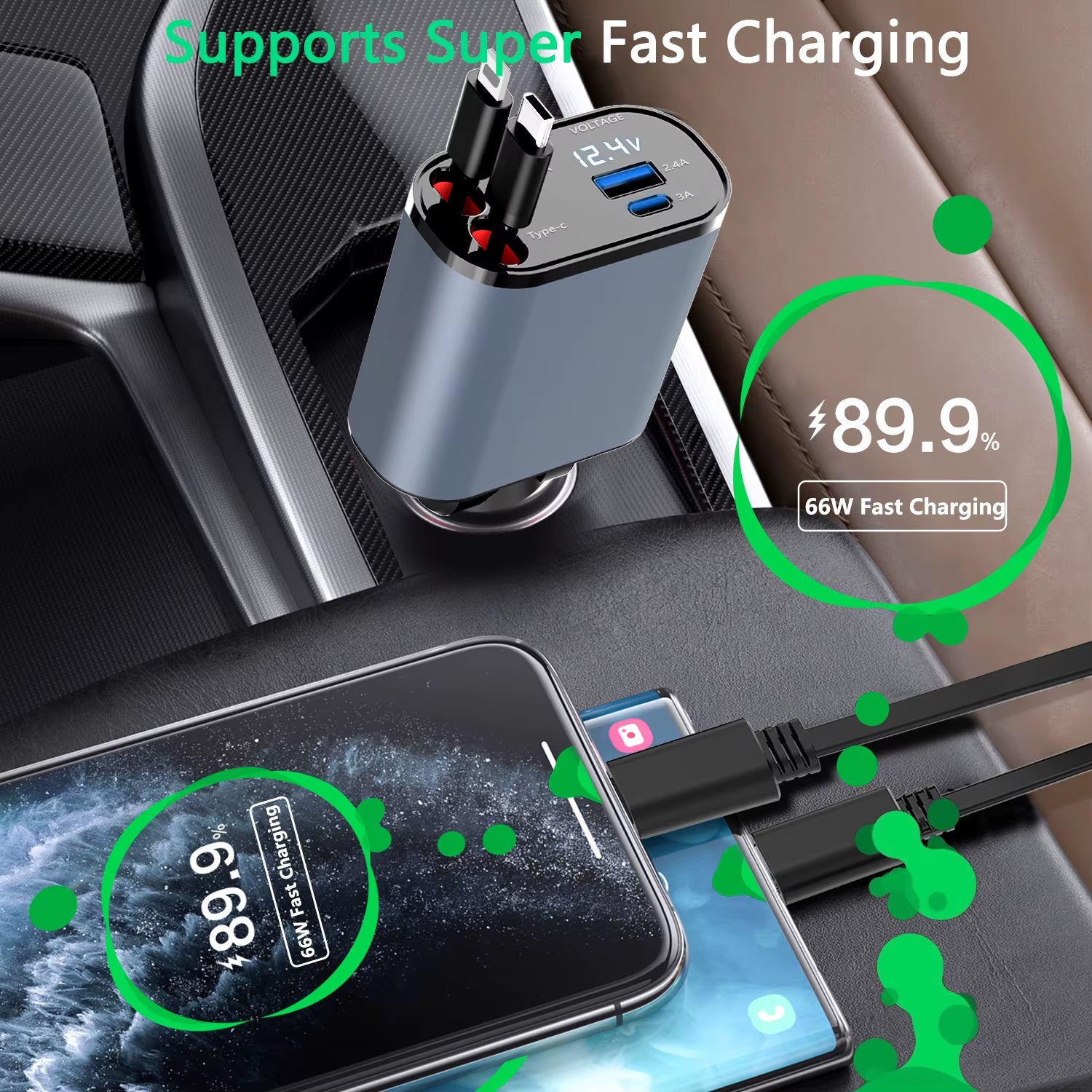 Retractable Car Charger 120W Fast Charger 4-In-1 Fast Charging Car Phone Charger 2 USB Ports Car Charger Adapter