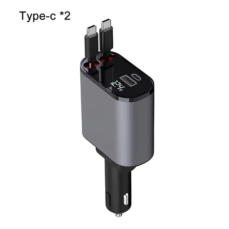  Retractable Car Charger 120W Fast Charger 4-In-1 Fast Charging Car Phone Charger 2 USB Ports Car Charger Adapter