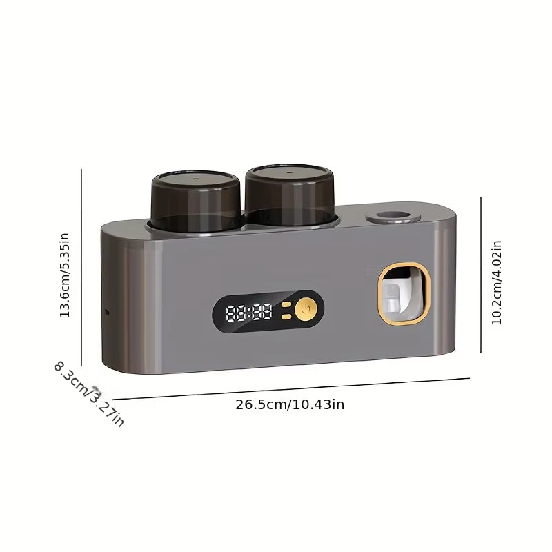 1 Smart Toothbrush with 2 Cups, Automatic Toothpaste Dispenser, 5-Slot Storage Brush Holder, USB Lithium Battery Clock Display