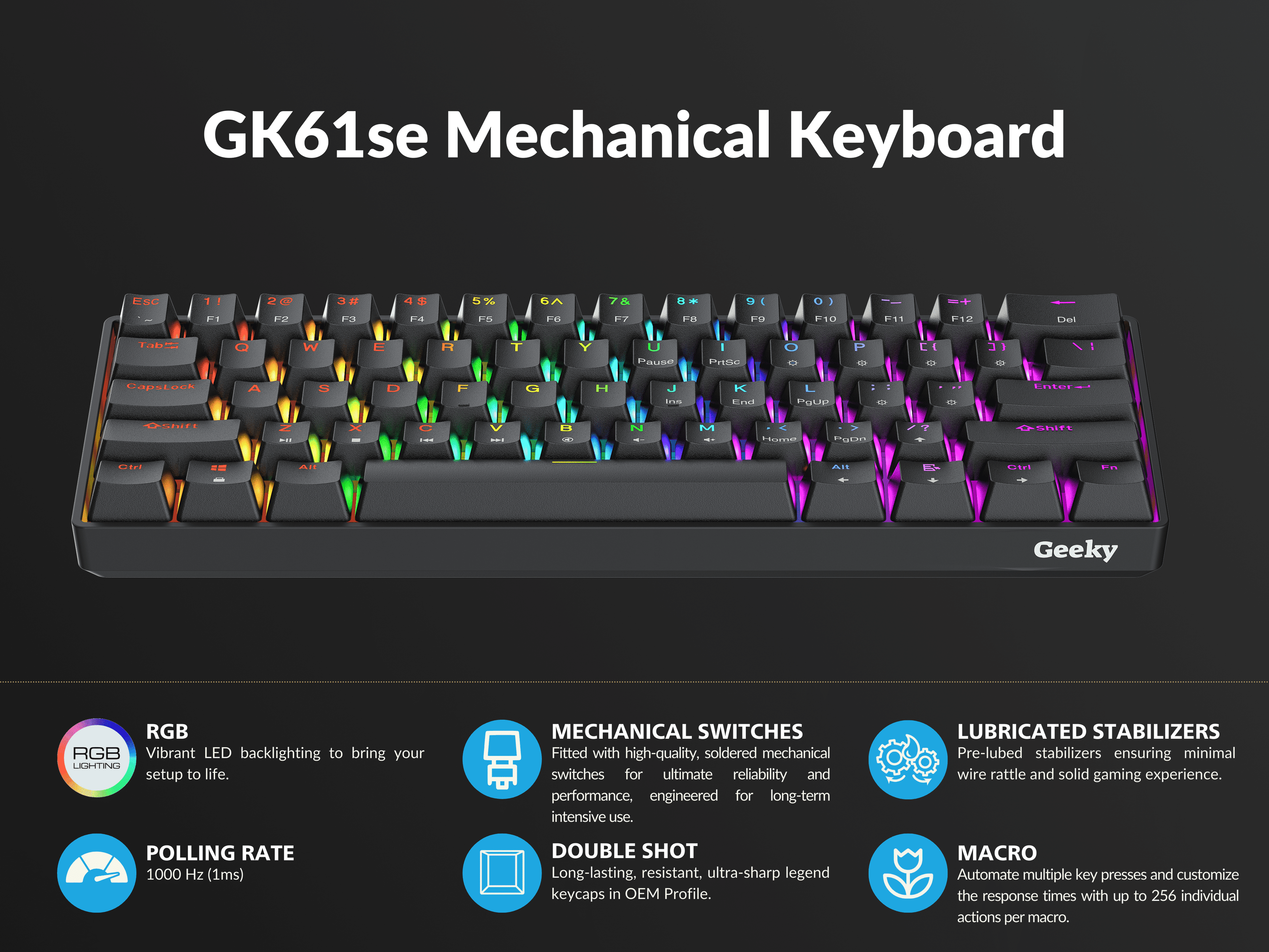 GK61 SE 60% Mechanical Gaming Keyboard 61 Keys USB with RGB Backlit, Multi-Color