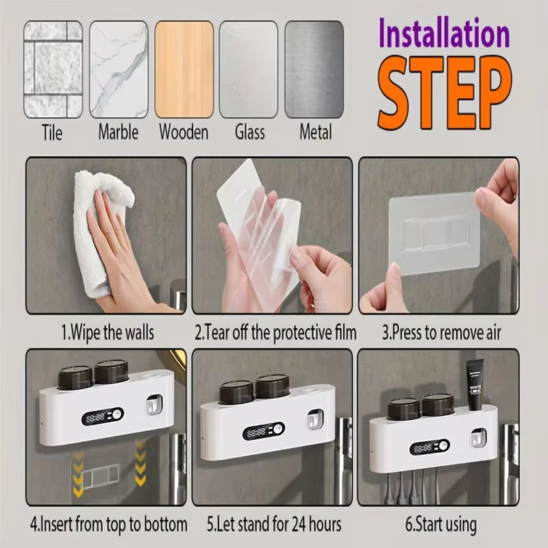 1 Smart Toothbrush with 2 Cups, Automatic Toothpaste Dispenser, 5-Slot Storage Brush Holder, USB Lithium Battery Clock Display