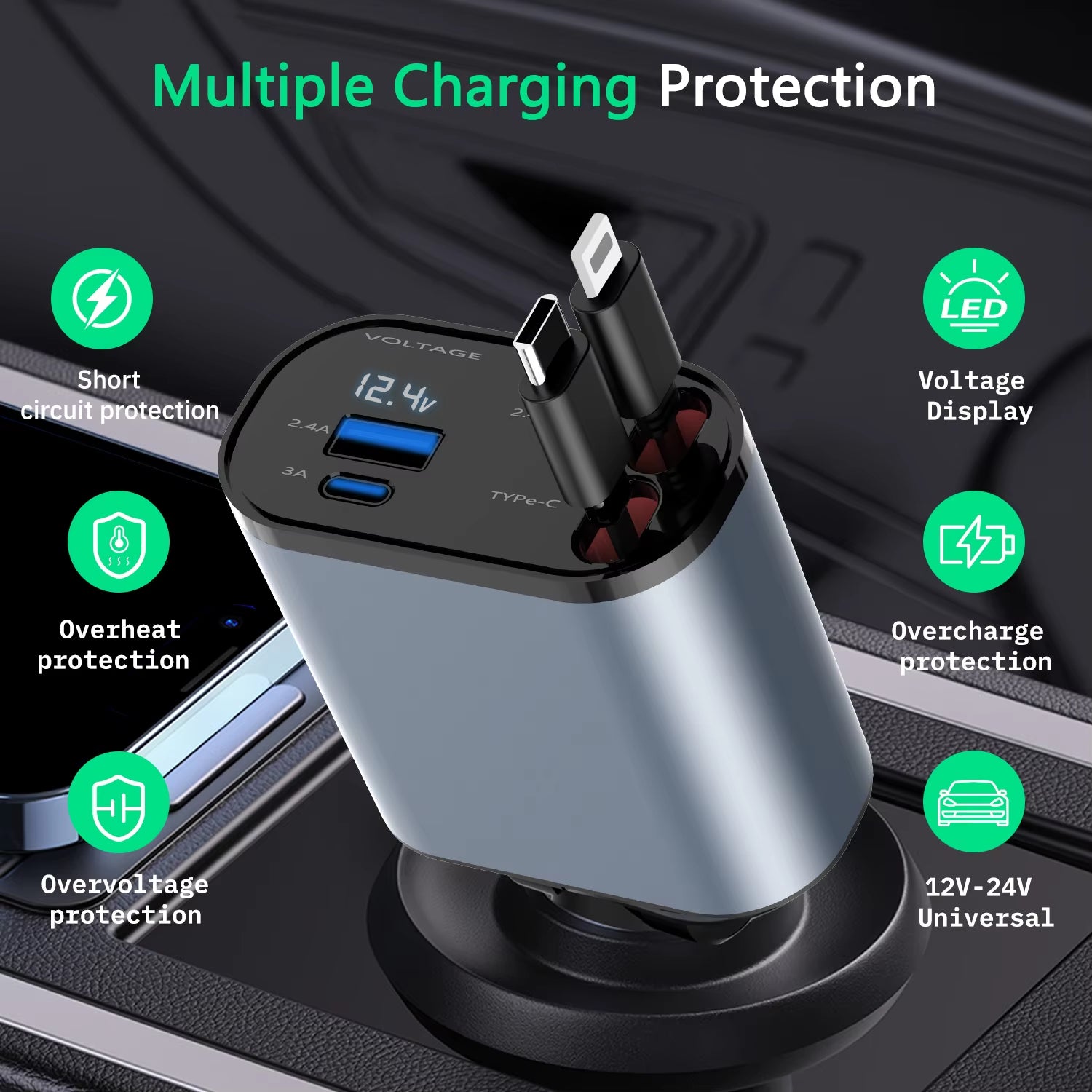  Retractable Car Charger 120W Fast Charger 4-In-1 Fast Charging Car Phone Charger 2 USB Ports Car Charger Adapter