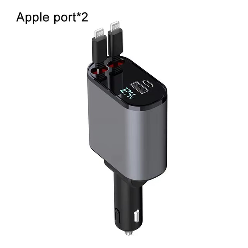  Retractable Car Charger 120W Fast Charger 4-In-1 Fast Charging Car Phone Charger 2 USB Ports Car Charger Adapter